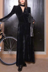 Vestido de noche de fiesta de manga larga de terciopelo negro inspirado en celebridades